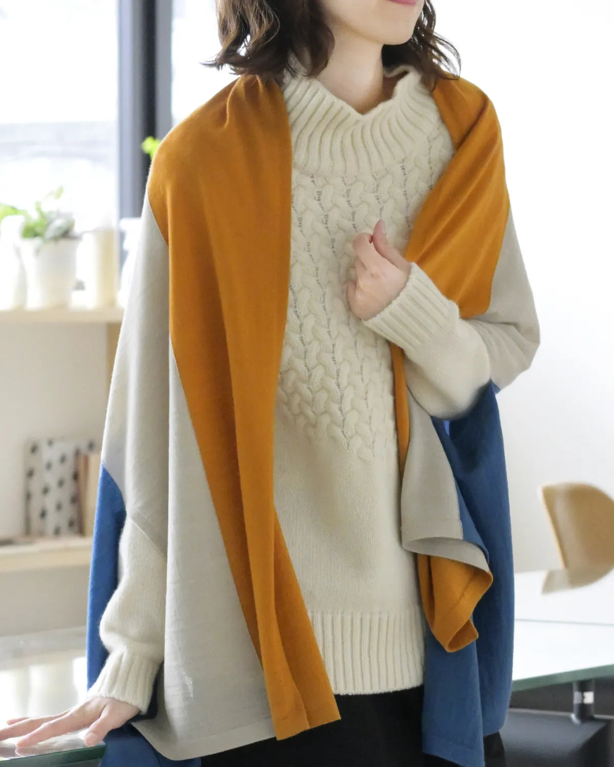 モデル身長:165cm#カラー_26 スモーキーブルー×ライトベージュ×マスタード